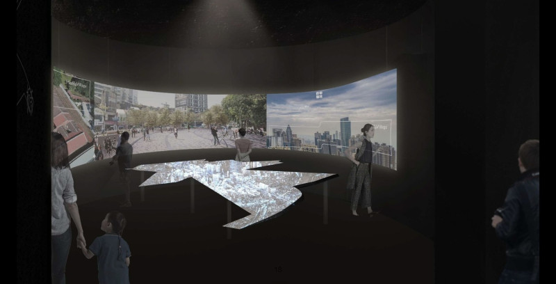 「府中雙城 城市願景展」將於12月10日起至110年1月10日在「板橋府中15」三樓展演廳舉辦。展覽將有1：1000之模型結合特殊光影的城中劇場，呈現府中雙城樣貌與未來想像。   圖：新北市工務局提供 