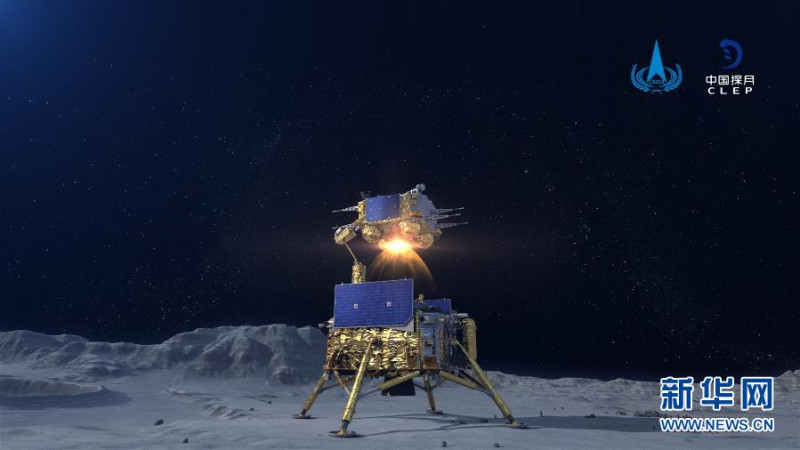 嫦娥五號上升器3000牛發動機工作約6分鐘，於3日23時10分，成功將攜帶樣品的上升器送入到預定環月軌道。(模擬圖)   圖 : 翻攝自新華網