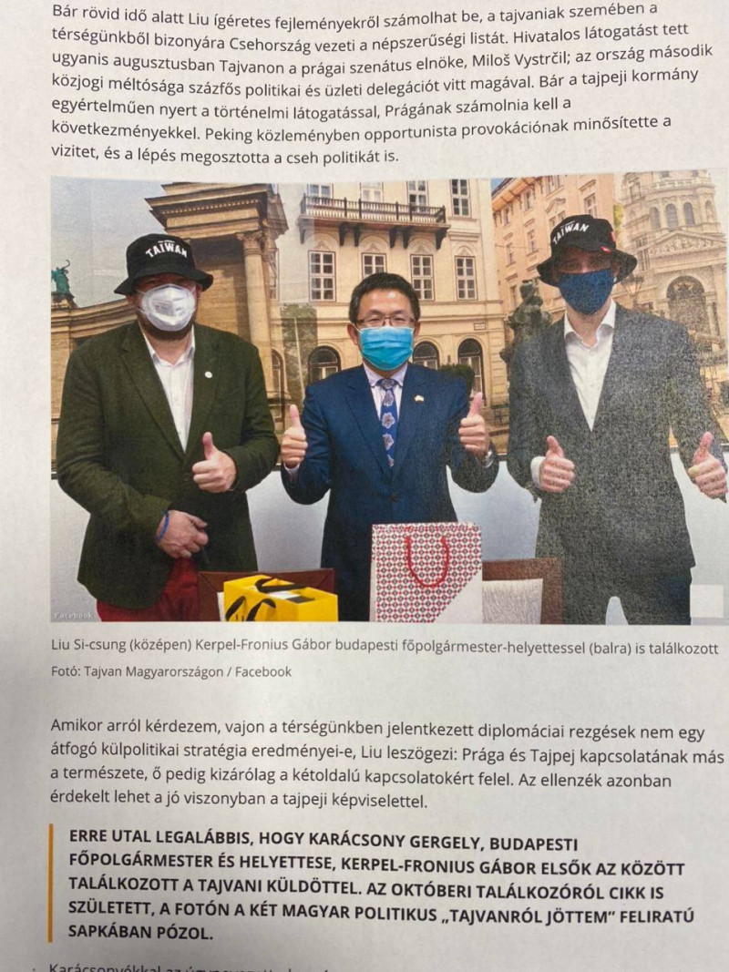 匈牙利媒體「索引」大篇幅報導台灣代表劉世忠，強調台匈關係進入新階段。   圖：取自駐匈牙利代表處官方粉絲專頁
