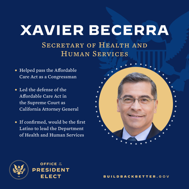 貝塞拉獲提名出任衛生部長。   圖：翻攝Xavier Becerra臉書