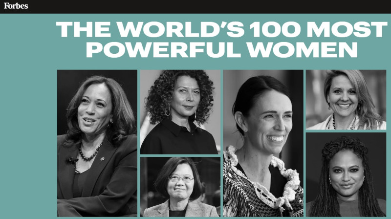 美國《富比士》雜誌選出2020年「全球百大最有權勢女性」，其中我總統蔡英文（左二下）被列在首頁，備受矚目。   圖：翻攝自《富比士》