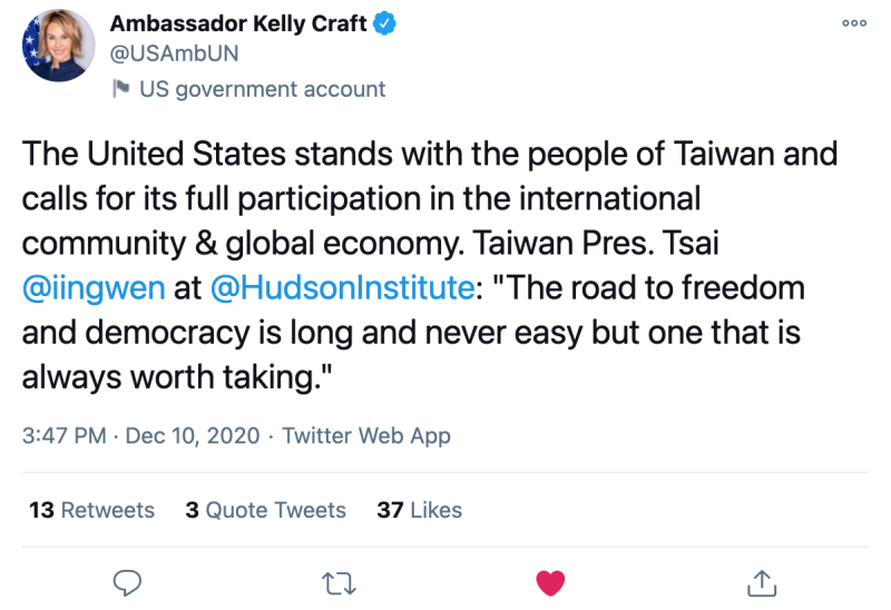 美國時間12月10日下午，美國駐聯大使克拉夫特（Kelly Kraft）再度撰文替台發聲。   圖：翻攝自Kelly Craft推特