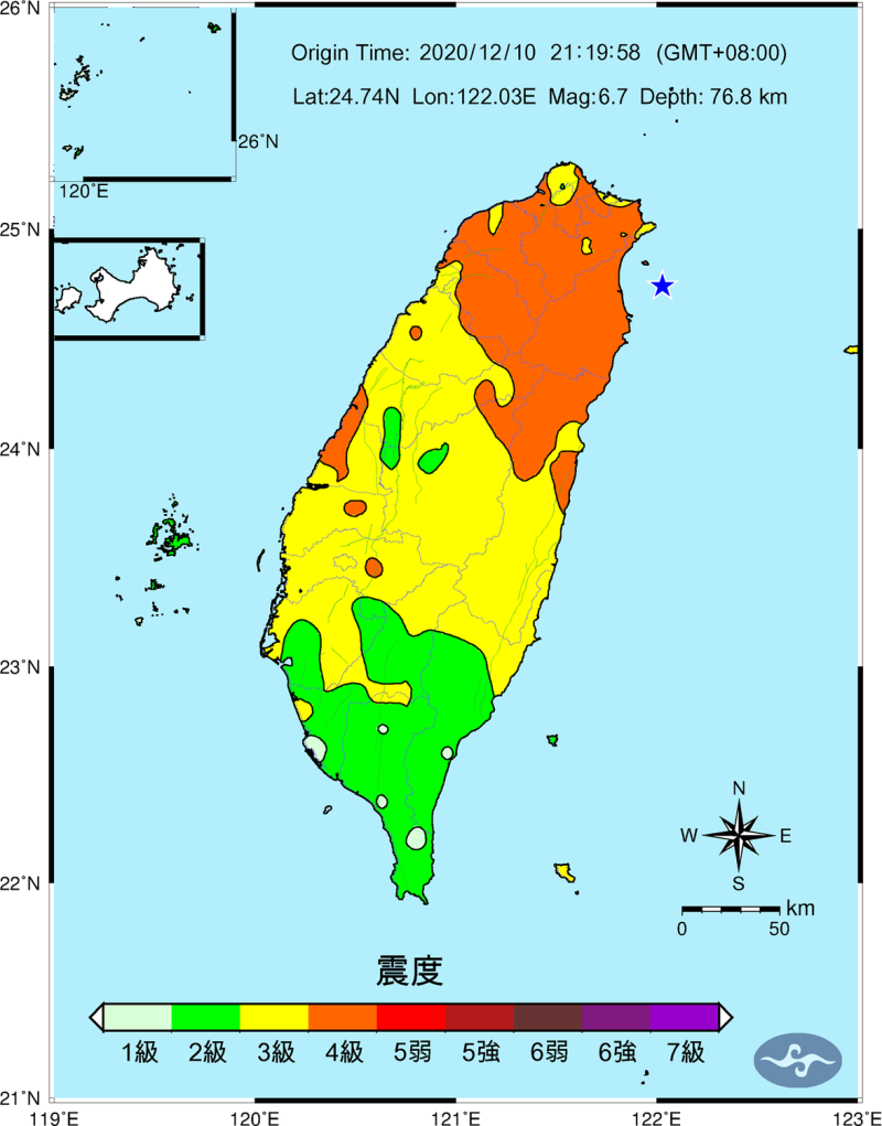 氣象局表示，未來1週內不排除有規模4.0以上餘震。(此為震度圖，星形圖為震央)   圖：取自氣象局－報地震臉書