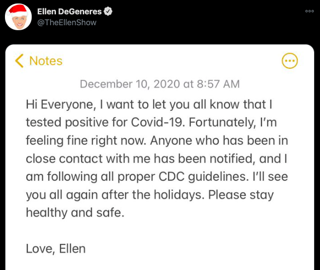 艾倫狄珍妮（Ellen DeGeneres）宣布確診。   圖：翻攝自推特
