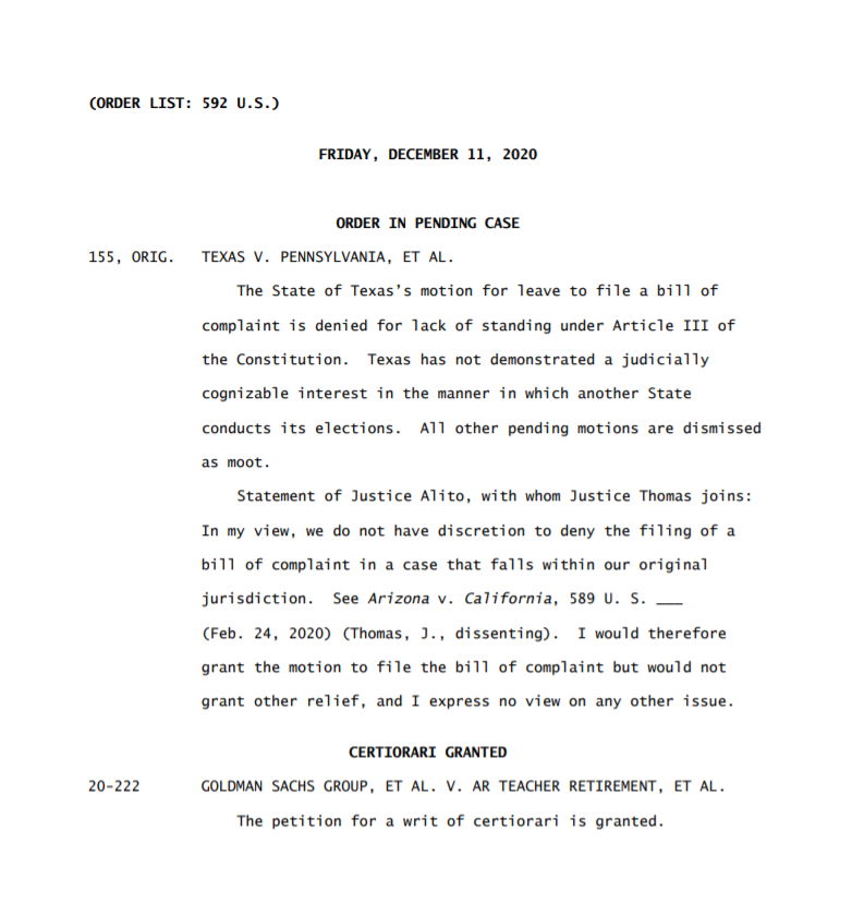 最高法院駁回德州訴訟之聲明。   圖：翻攝自美國聯邦最高法院官網