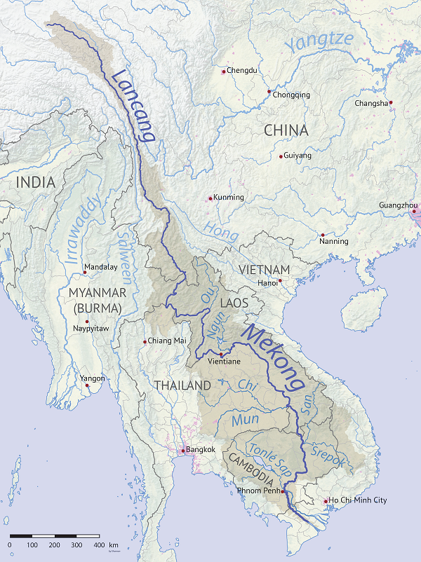 湄公河上游瀾滄江（Lancang）位於中國境內，下游（Mekong）流經泰國、緬甸、寮國等國家。   圖：翻攝自維基百科 Shannon1 