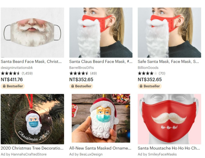 因為中國武漢肺炎疫情，又逢耶誕佳節，許多商店推出耶誕老公公口罩，售價不菲。   圖：翻攝自Etsy網路商店