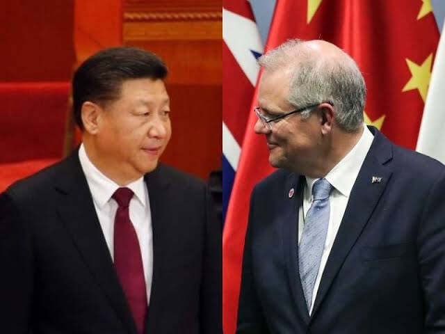 中國為了報復澳洲，宣布無限期暫停中澳戰略經濟對話。(圖左中國國家主席習近平，圖右澳洲總理莫里森)。   圖：新頭殼合成
