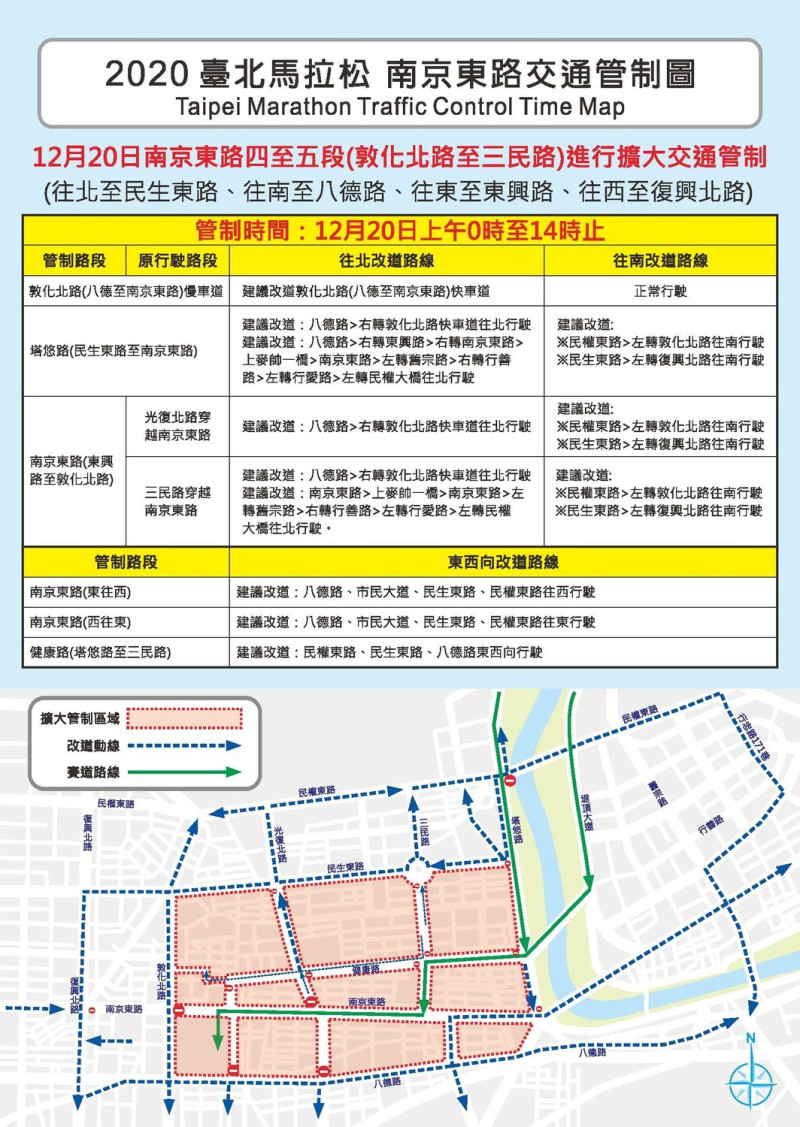 2020台北馬拉松南京東路交通管制圖。   圖：台北市警察局交通警察大隊／提供
