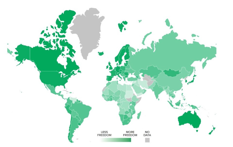 美國及加拿大智庫發表「人類自由指數」報告，地圖上顏色深淺代表這個國家自由度多寡。   圖：中央社（取自卡托研究所網頁cato.org）