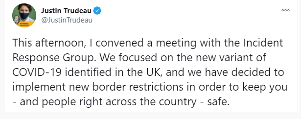 杜魯道在推文中稱，未來72小時，將禁止所有來自英國的航班入境加拿大。   圖 : 翻攝自推特
