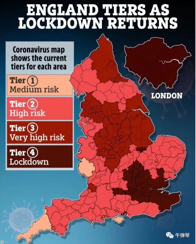 變種新冠肺炎病毒肆虐，倫敦及英格蘭東部曾大規模封城。   圖 : 翻攝自微信 / 牛彈琴