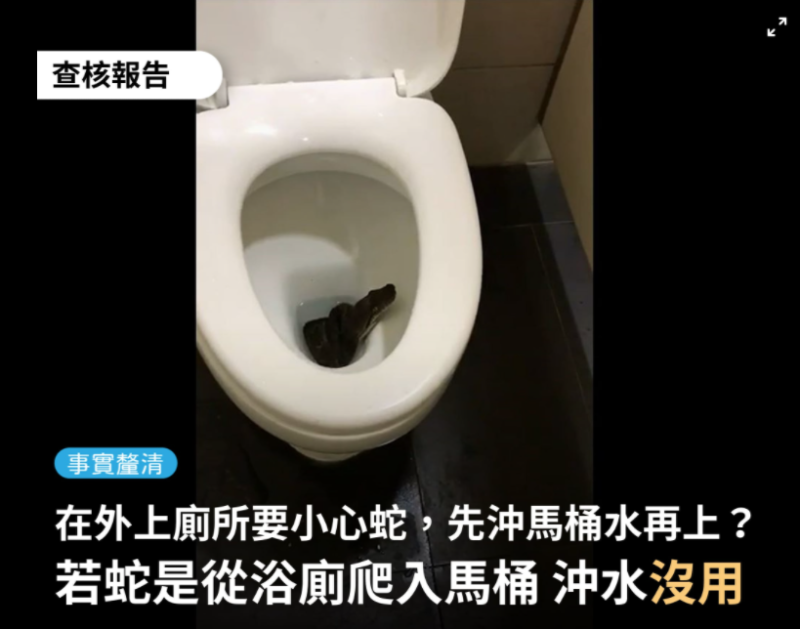 社群以及通訊軟體等流傳影片，內容顯示一個有蛇的馬桶，並搭配文字呼籲，「在外上廁所，真的要小心，尤其是深山，公園，水池邊，更要特別注意，記得先沖水再上」。   圖：翻攝台灣事實查核中心臉書
