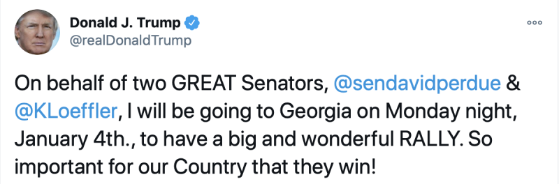 川普於當地27日於推特宣布將於喬治亞州舉行集會，力挺兩位共和黨候選人。   圖：翻攝自川普推特