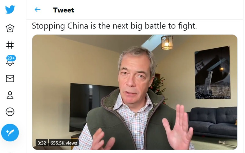 法拉吉在推特上聲明，阻止中國是下一場該打的仗。   