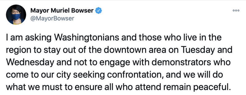 面對川普支持者們本週將在華盛頓舉行示威遊行，華府市長鮑澤（Muriel Bowser）也於推特發表聲明，呼籲當地居民避免於當天前往市中心、遠離抗議群眾。   圖：翻攝自Mayor Muriel Bowser推特