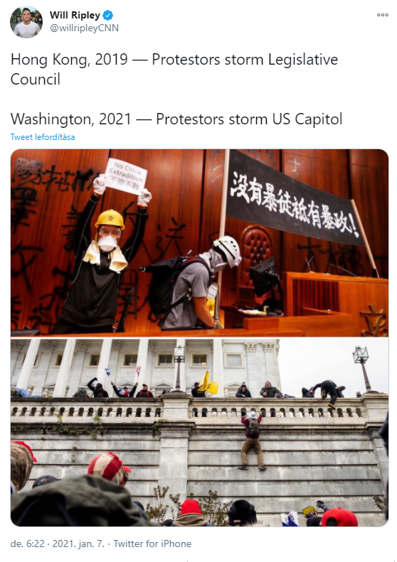 1名《CNN》記者在推特將本次事件類比2019年香港反送中示威者闖立法會的事件，引起許多香港網友不滿。   圖：翻攝自Will Ripley 推特