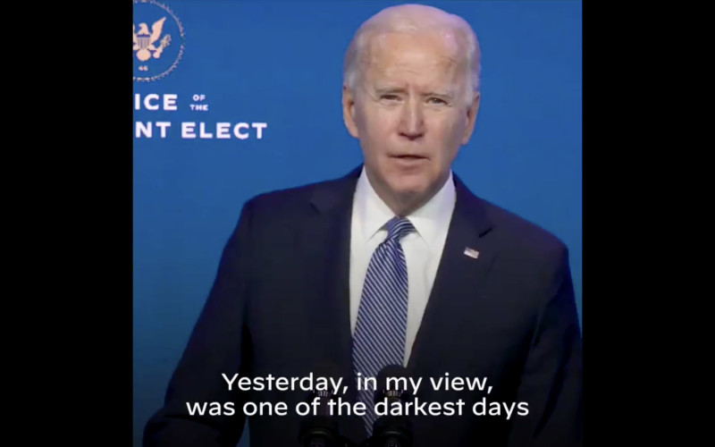 美國總統當選人拜登（Joe Biden）7日於德瓦拉州的活動發表談話稱，川普支持者6日闖入國會大廈是美國史上最黑暗的一天。   圖：翻攝@JoeBiden推特