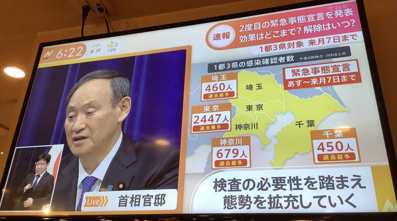 日本首相菅義偉表示，持續開放給包含台灣、中國等11國在內的商務相關人士入境。包含日本人在內的所有入境人士都必須提交出國前72小時以內PCR檢測陰性證明，日本政府將加強在機場的檢疫。   圖：攝自TBS新聞節目