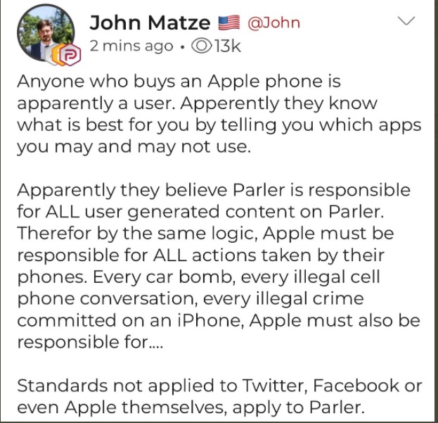 Parler執行長馬澤指控蘋果公司對他們差別待遇，並沒有用同樣的標準要求臉書和推特   圖：馬澤Parler