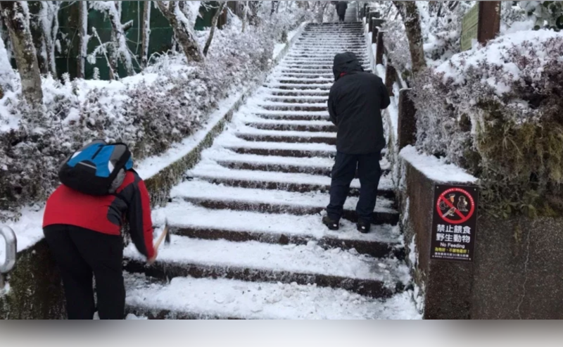 整座園區積雪積雪10公分，太平山莊工作人員已開始在中央階梯、重要步行路面上徒手除冰。   圖：太平山莊/提供