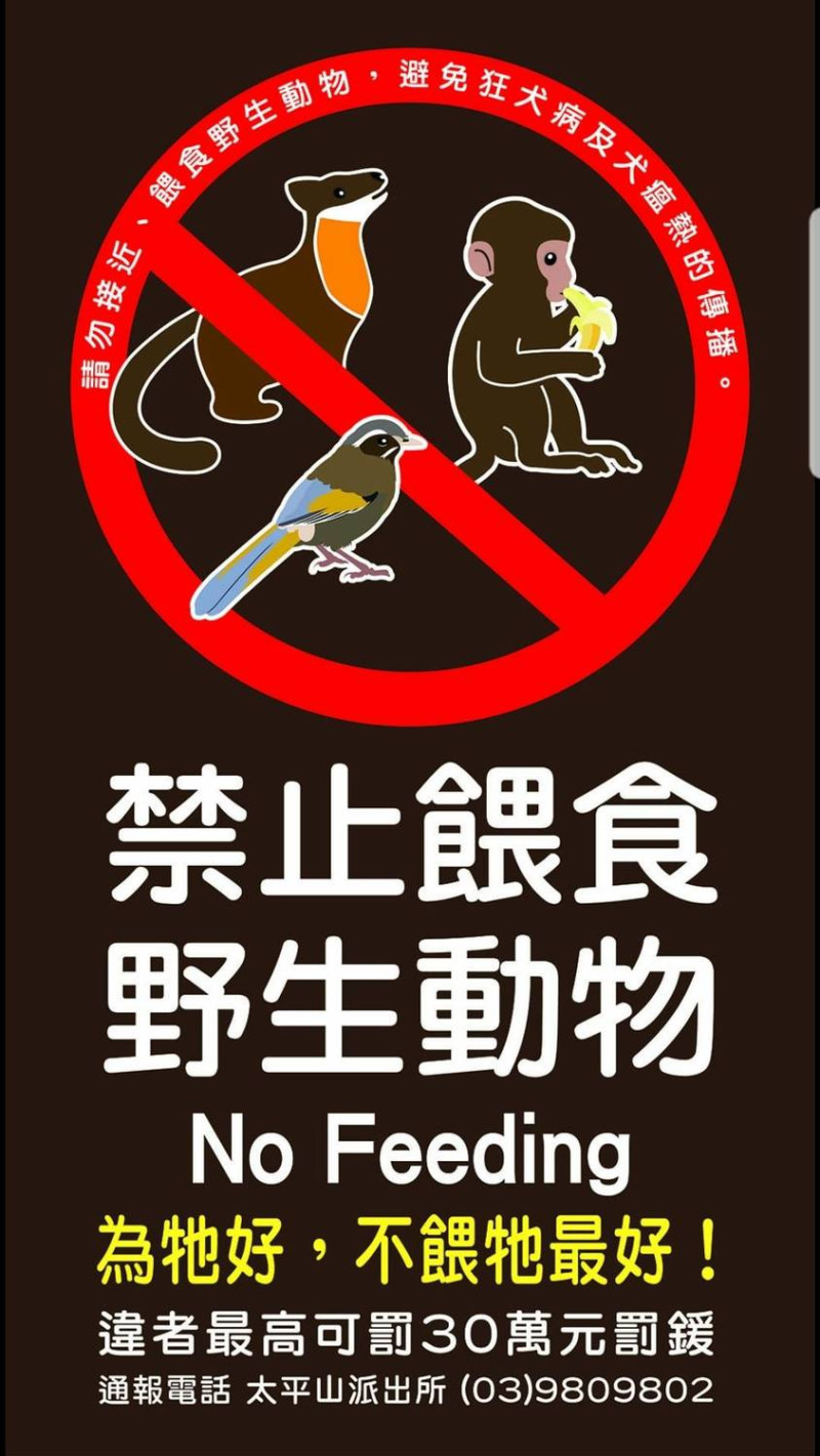 太平山國家森林遊樂區表示，任意餵食野生動物，最高則可罰30萬元。   圖：太平山國家森林遊樂區/提供
