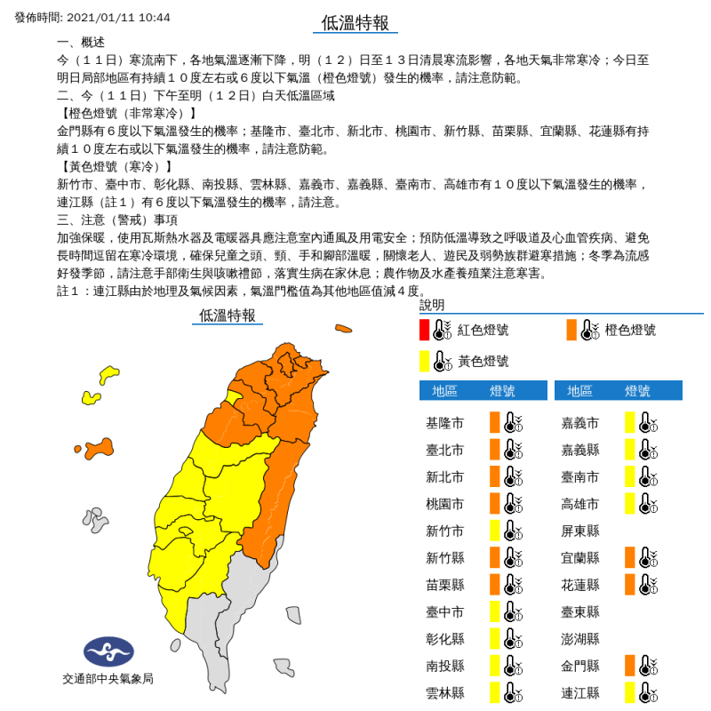 本週開工依然冷到不行，氣象局針對全台19縣市發布低溫特報，低溫將會持續到明後天。   圖：中央氣象局／提供