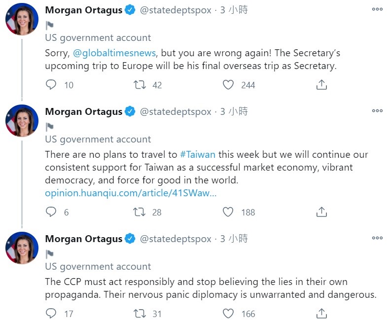 美國國務院發言人摩根・奧塔格斯（Morgan Ortagus）在推特上反嗆中國，不要只相信官媒刊登的謊言，這種外交方式相當危險。   圖：翻攝自Morgan Ortagus推特