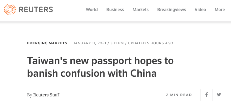 《路透社》以「台灣新版護照希望避免與中國混淆」為題報導台灣新版護照。   圖：翻攝自reuters.com