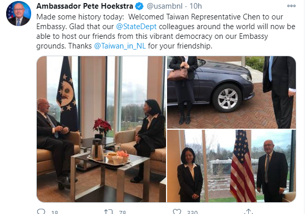 美國國務院宣布取消美台交往限制，美國駐荷蘭大使胡克斯特拉今天率先邀請駐荷蘭代表陳欣新前往大使館會面。   圖：翻攝胡克斯特拉推特