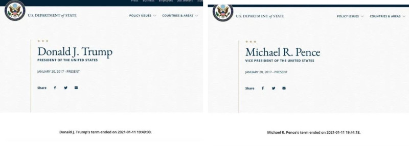 距離美國總統川普下台還剩9天，但是國務院官方網站卻提早讓他下台。   圖：翻攝自美國國務院官網