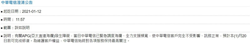 中華電信發布公告，預計本月20日前海纜可修復完畢。   圖：取自中華電信官網