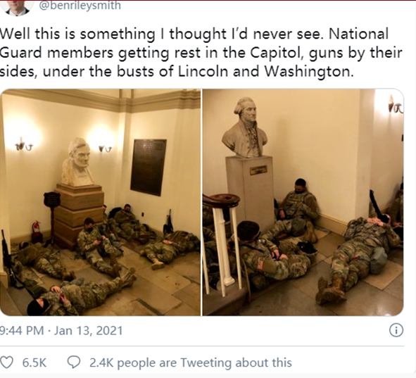 美國記者拍攝到大兵睡滿國會大堂的情況。   圖 : 翻攝自推特