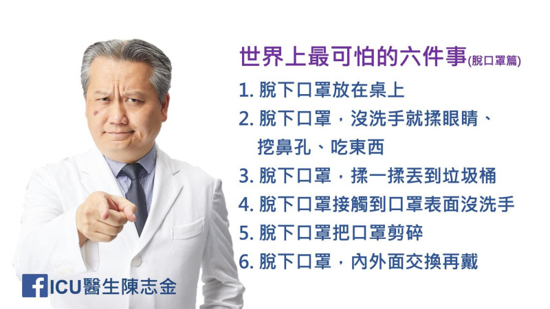 ICU醫師提醒民眾脫口罩「6大NG行為」。   圖:ICU陳志金臉書