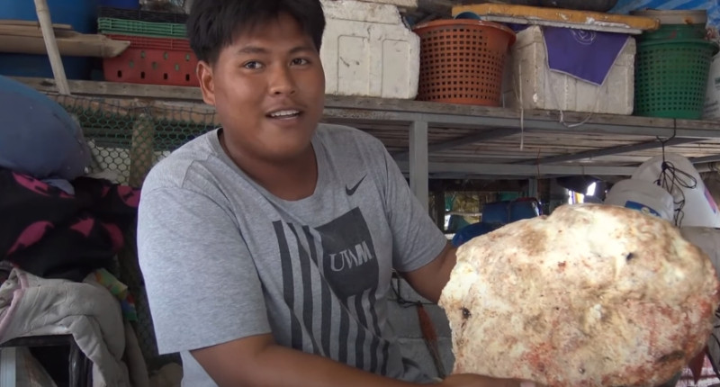 泰國漁夫瑪哈潘（Chalermchai Mahapan）撿到重達7公斤的「龍涎香」。   圖 : 翻攝自 Khaosod TV - ข่าวสด Youtube