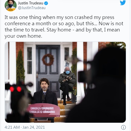 加拿大總理杜魯道也貼出桑德斯的梗圖。   圖 : 翻攝自杜魯道推特