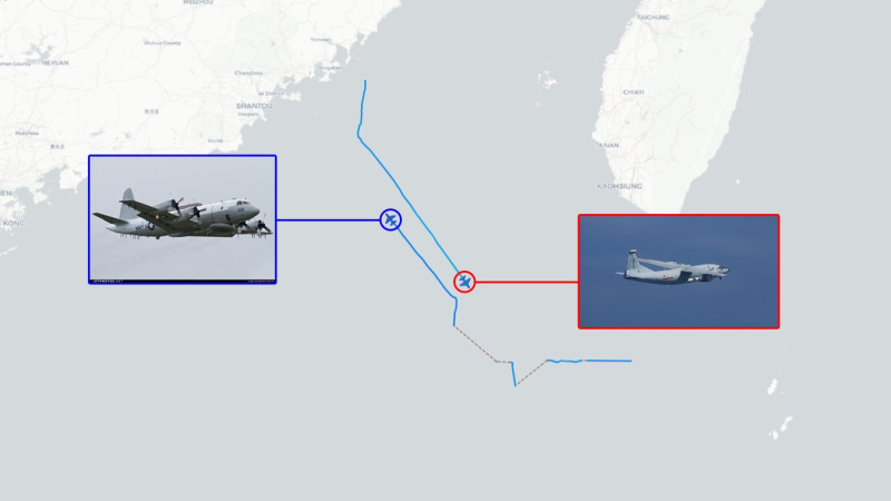 Aircraft Spots推特今日發文指出，1架美國海軍EP-3E白羊偵察機（左）與1架中共運-8G「高新三號」遠程電子干擾機（右）同時在台灣西南空域現身。   圖：擷取自推特＿@AircraftSpots