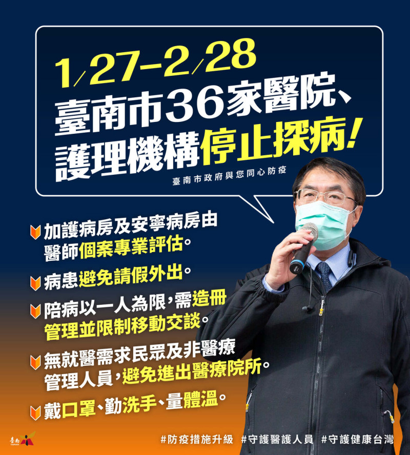 台南市政府宣布，自今日起至2月28日，全市36家醫療院所與護理機構全面停止探病。   圖：擷取自黃偉哲臉書