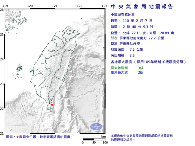 凌晨2時48分屏東縣牡丹鄉發生芮氏規模3.5地震。   圖/氣象局