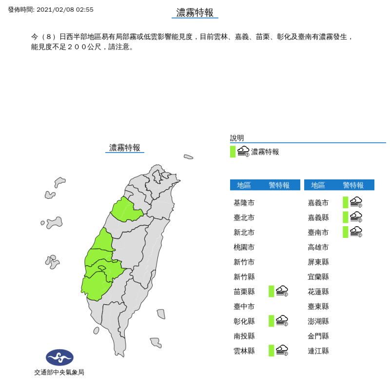 中央氣象局針對苗栗、彰化、雲林、嘉義縣市以及台南市等6縣市發布濃霧特報，提醒民眾，部分地區能見度不足200公尺。   圖：中央氣象局/提供