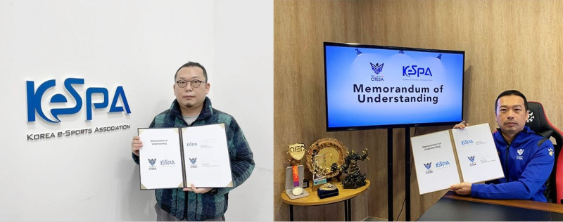 中華民國電子競技運動協會與韓國電子競技協會日前簽署合作備忘錄。左：KeSPA秘書長金哲學，右：CTESA副理事長陳柏壽。    圖：CTESA/提供