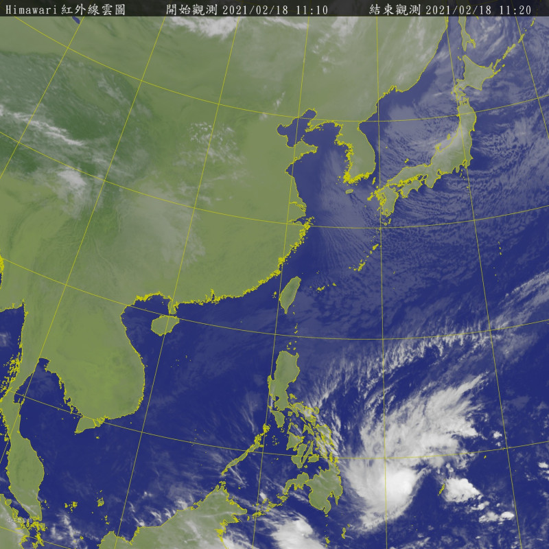 位於菲律賓東方海面的熱帶低壓，最快今日將生成今年首號颱風「杜鵑」。   圖：中央氣象局／提供