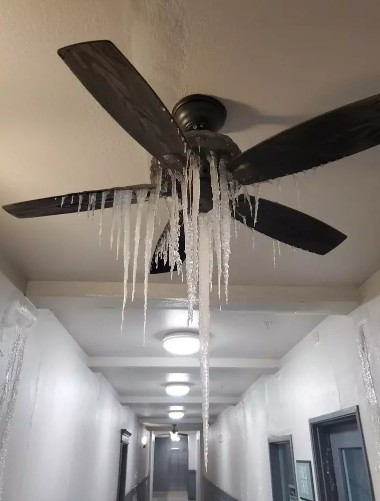 德州一戶人家中的吊扇結滿冰柱。   圖：翻攝推特