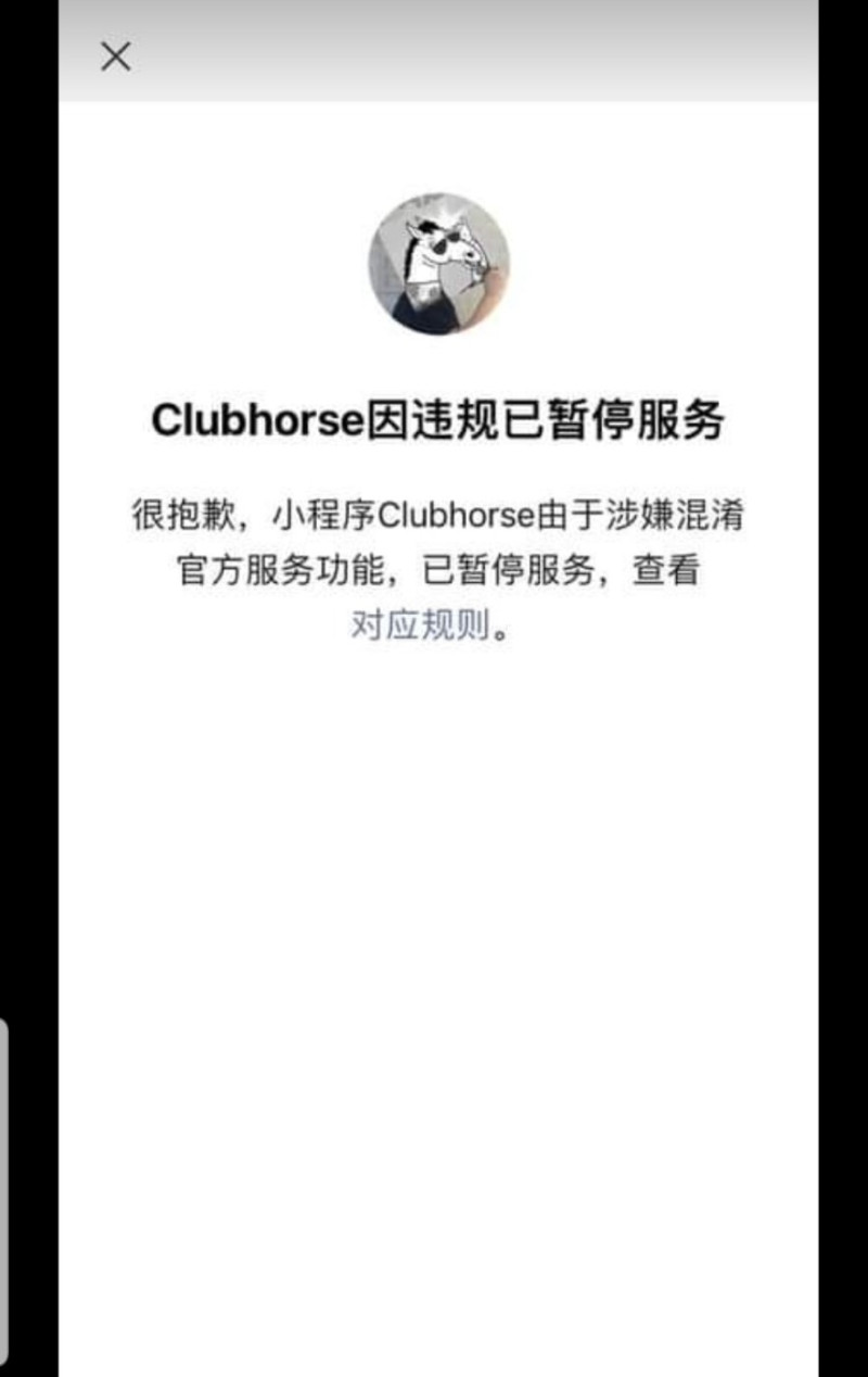 有民眾發現，Clubhorse在推出後沒多久，登入時竟跳出「因違規已暫停服務」的通知，疑似遭到中國官方下架。   圖：翻攝自臉書
