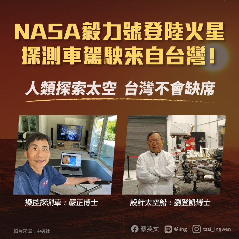 對於美國「毅力號」探測車近日登陸火星的消息，總統蔡英文今（21日）也於臉書表示：「人類探索未知的過程，台灣一定不會缺席！」   圖：翻攝自蔡英文臉書