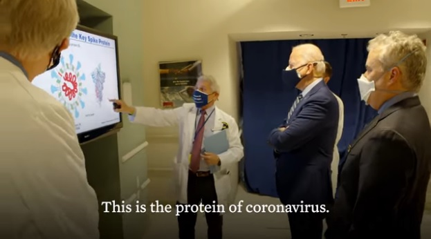 美國國家過敏與傳染病研究院主任佛奇（左二）向總統拜登（右二）說明目前疫情。拜登要求美國全國都要戴口罩防疫。   圖：翻攝自拜登臉書影片