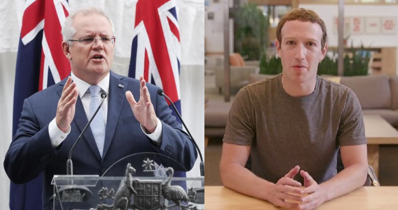 臉書與澳洲政府的新聞付費之戰終於告一段落，雙方達成和解，圖為澳洲總理莫里森（左）與臉書創辦人祖克柏（右）。   圖：新頭殼合成