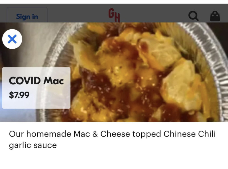 美國費城一間餐廳近日將一款以中式大蒜辣醬通心麵取名為「新冠麥克」，挨批歧視亞裔。   圖：翻攝推特