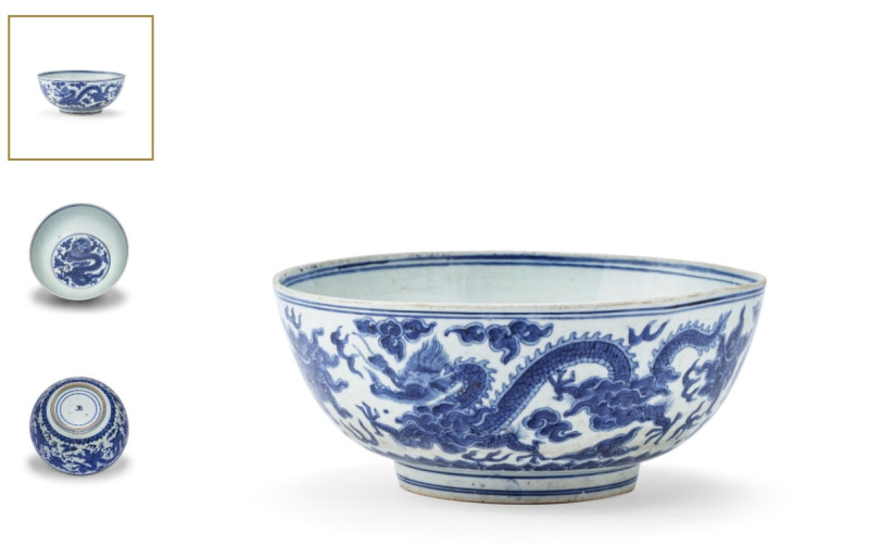 有民眾近日在美國蘇富比拍賣所（Sotheby's）販售自己從跳蚤市場以35美元購買的青花瓷碗，未料在鑑定後竟發現，這個碗是15世紀的中國古董，價值高達50萬美元。   圖：翻攝自Courtesy Sotheby's官網