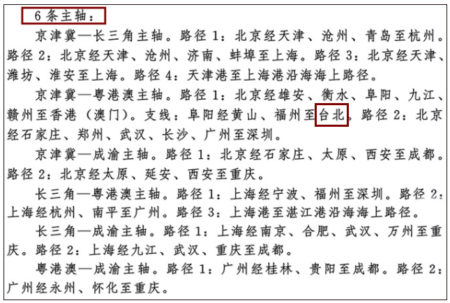 中國國務院24日發表《國家綜合立體交通網規劃綱要》，有6條交通主軸，其中一條「京津冀-粵港澳」包含「台北」   圖：翻攝自觀察者網
